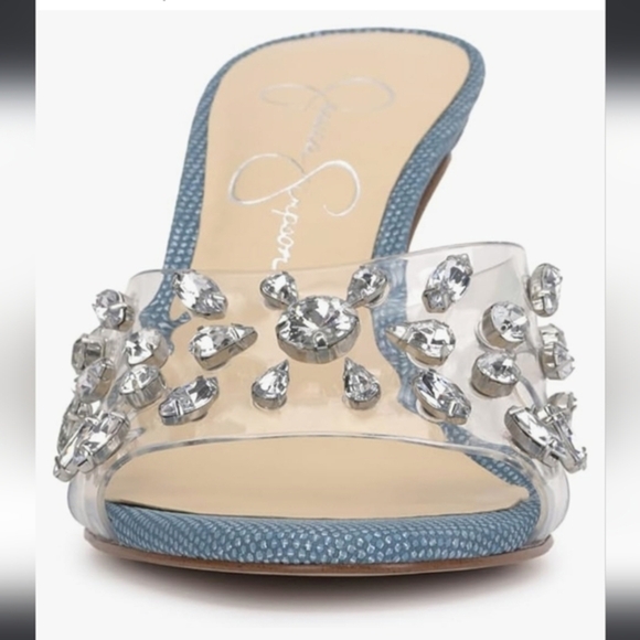 Jessica Simpson Primana clear crystal adorned denim mule heels size 10 brand new - Picture 9 of 10